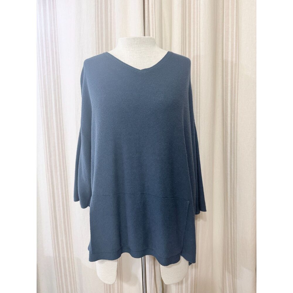 Pure Jill J.Jill Blue V-Neck Oversized Tunic Sweater Medium Cotton Silk Wool 161